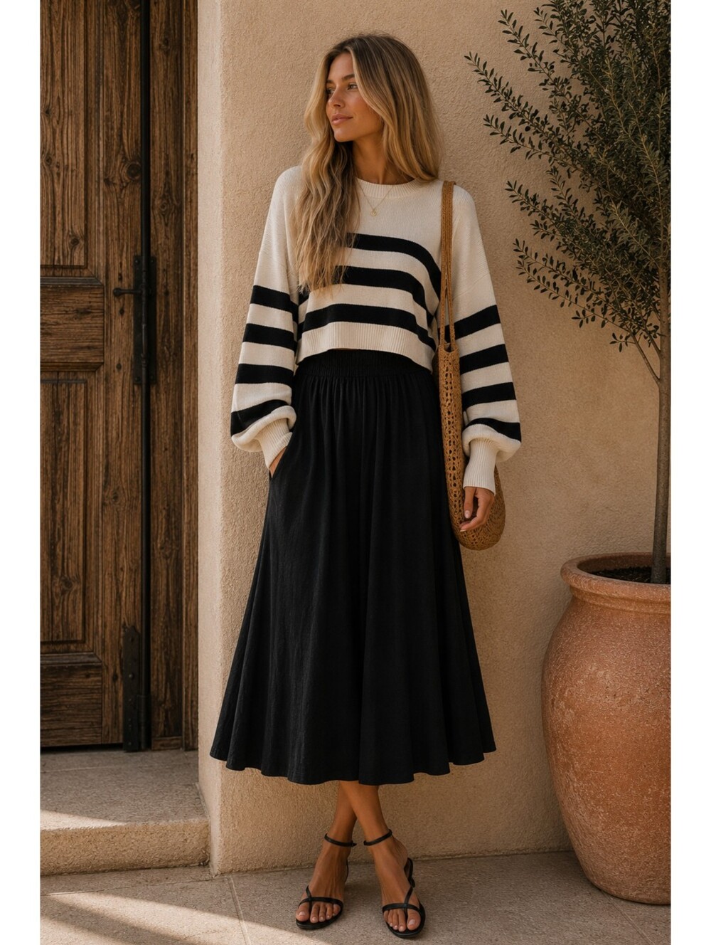 Love Change Italy Striped Cropped Sweater Coastal French Girl Balloon Sleeve M